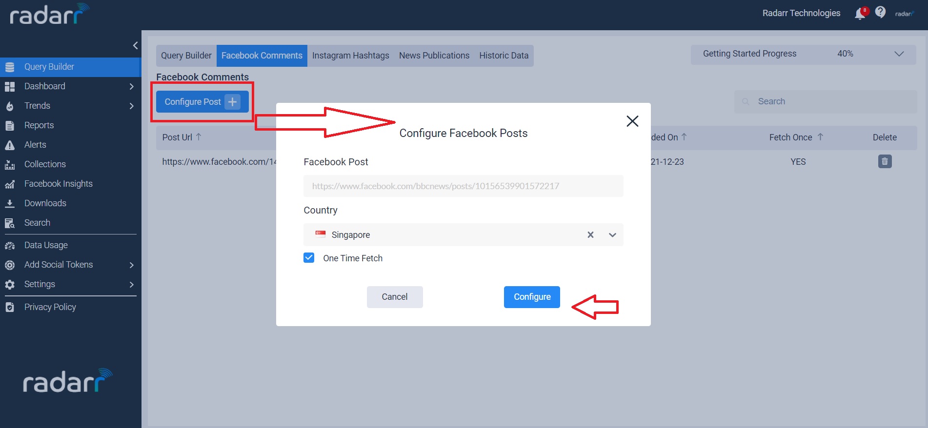 Configure Facebook Post in Radarr Dashboard