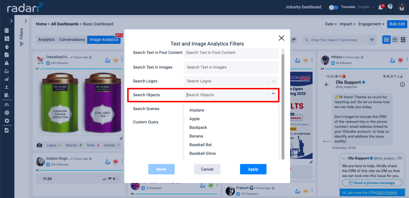 Radarr Image Analytics Text & Image Analytics Filters Search Objects